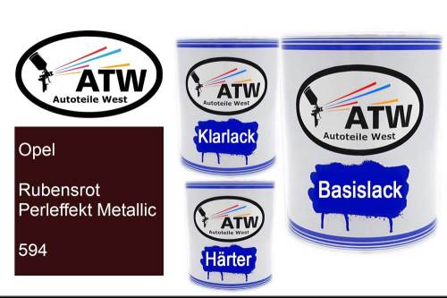 Opel, Rubensrot Perleffekt Metallic, 594: 1L Lackdose + 1L Klarlack + 500ml Härter - Set, von ATW Autoteile West.